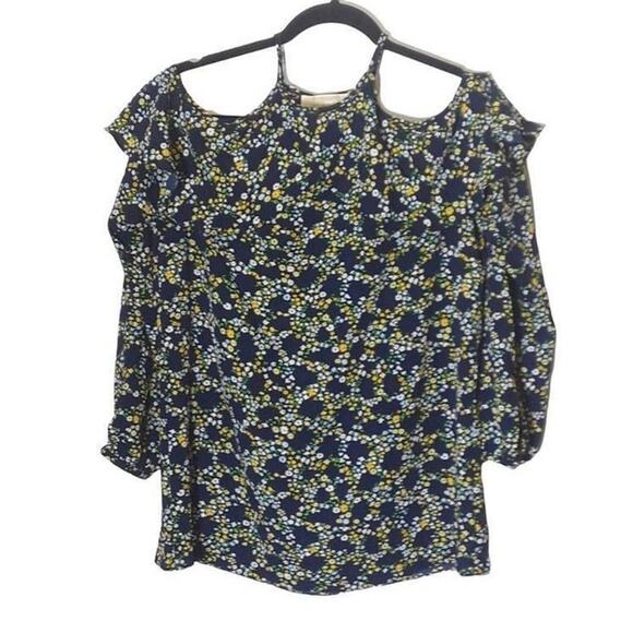 Michael Kors Poppy Ikat Kimono Top - Size Small Taxi Yellow Floral Cold Shoulder - Picture 2 of 9